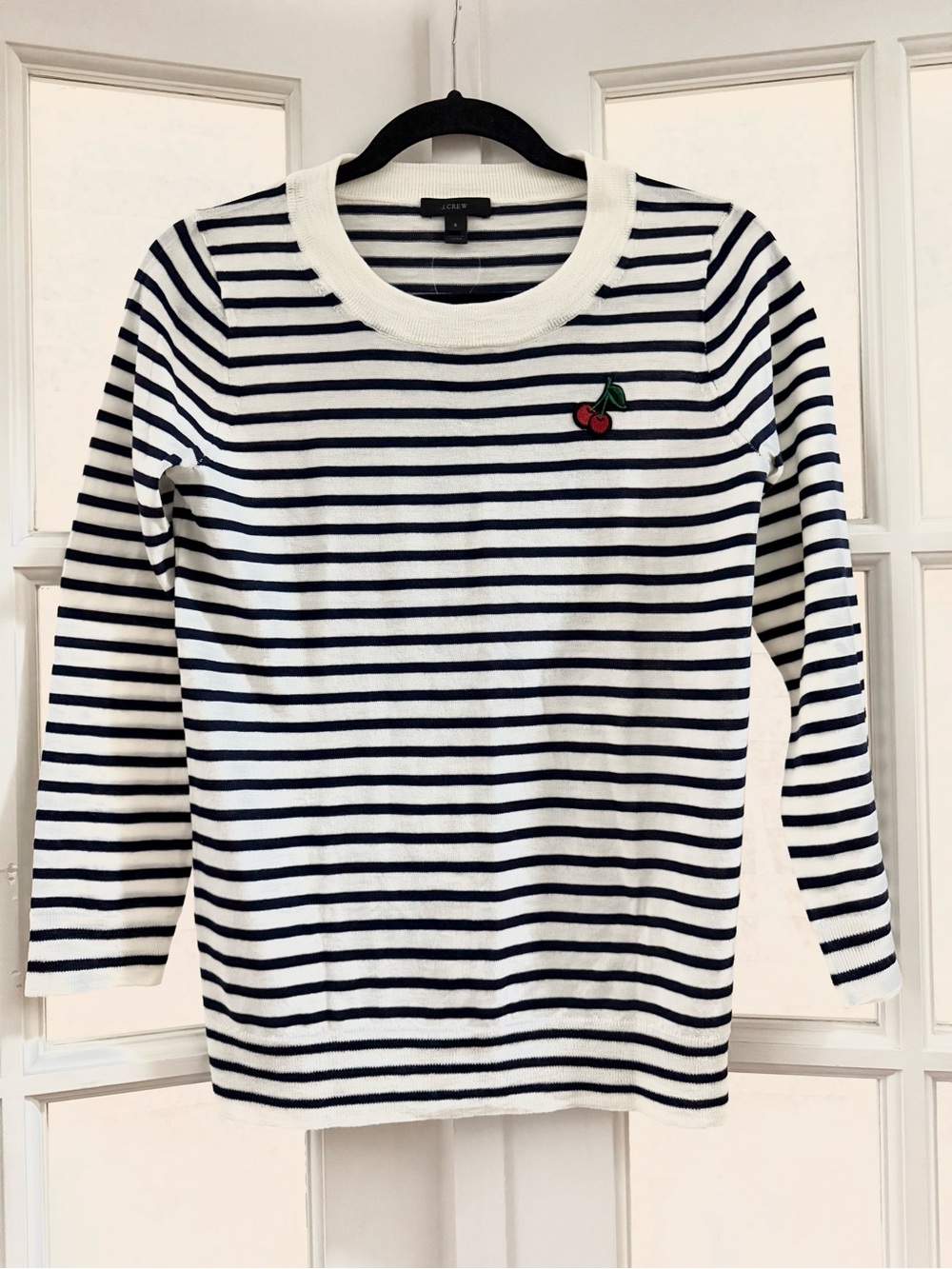 J. Crew Navy & White Striped Crewneck Sweater with Cherry Motif